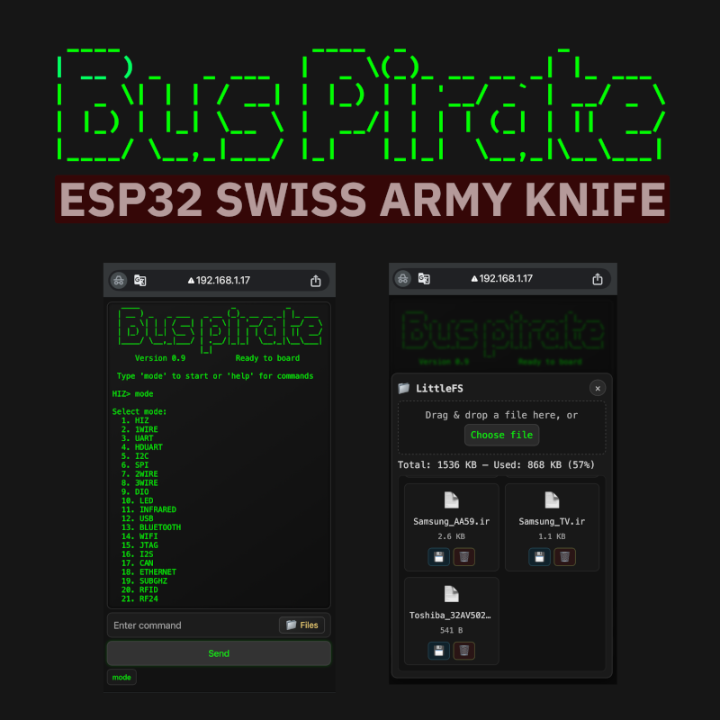 显示 Bus Pirate 固件 Web 界面的 iPhone 屏幕截图