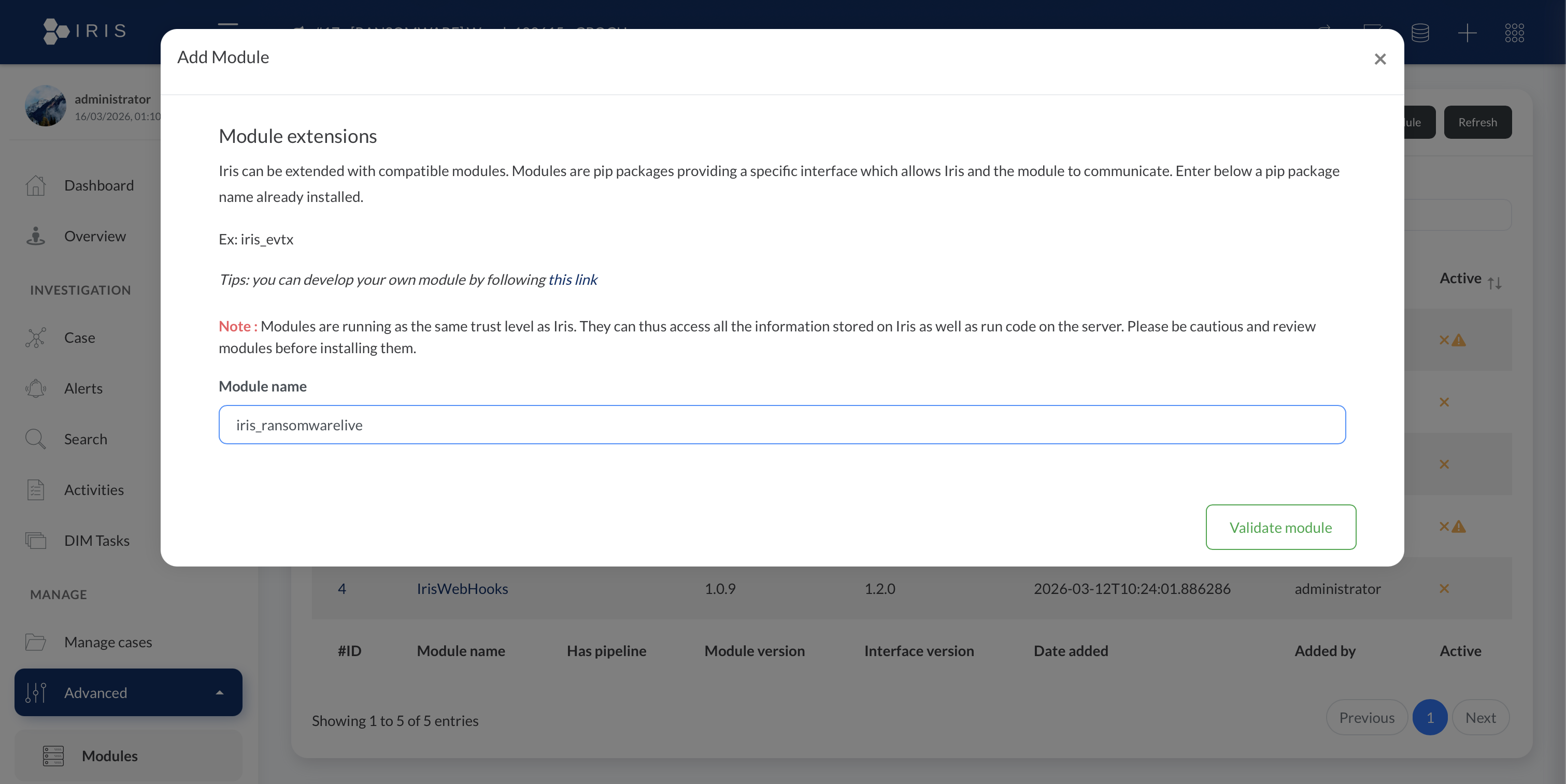 IRIS 中的添加模块对话框,模块名称字段中显示 iris_ransomwarelive