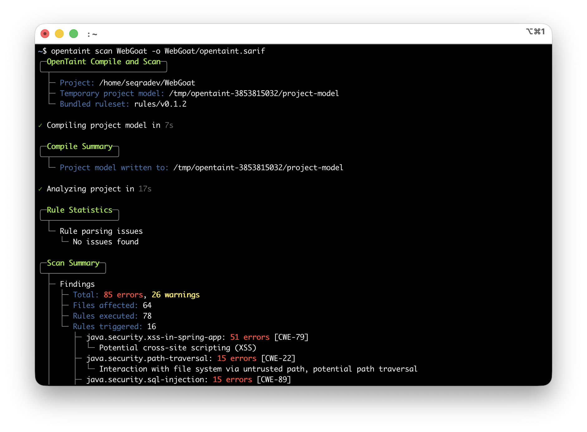 OpenTaint summary output