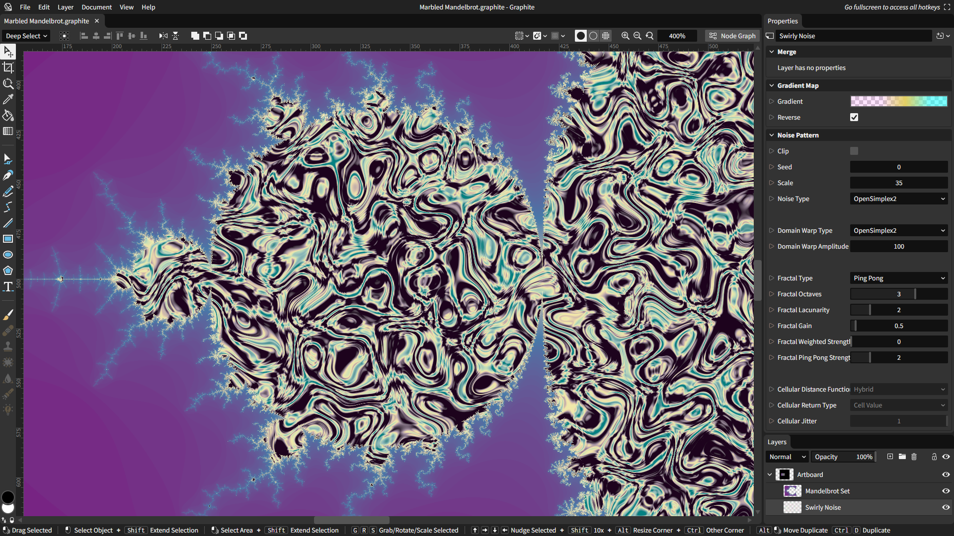 填充了噪波图案的 Mandelbrot 分形,程序化生成且无限可缩放