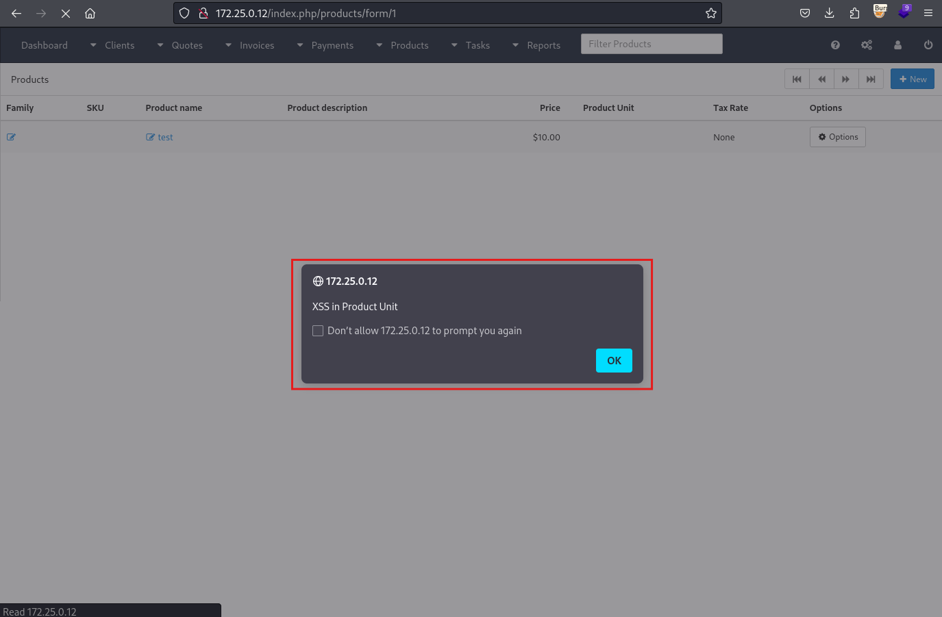 步骤 2 - 查看包含恶意单位的产品列表时 XSS 执行