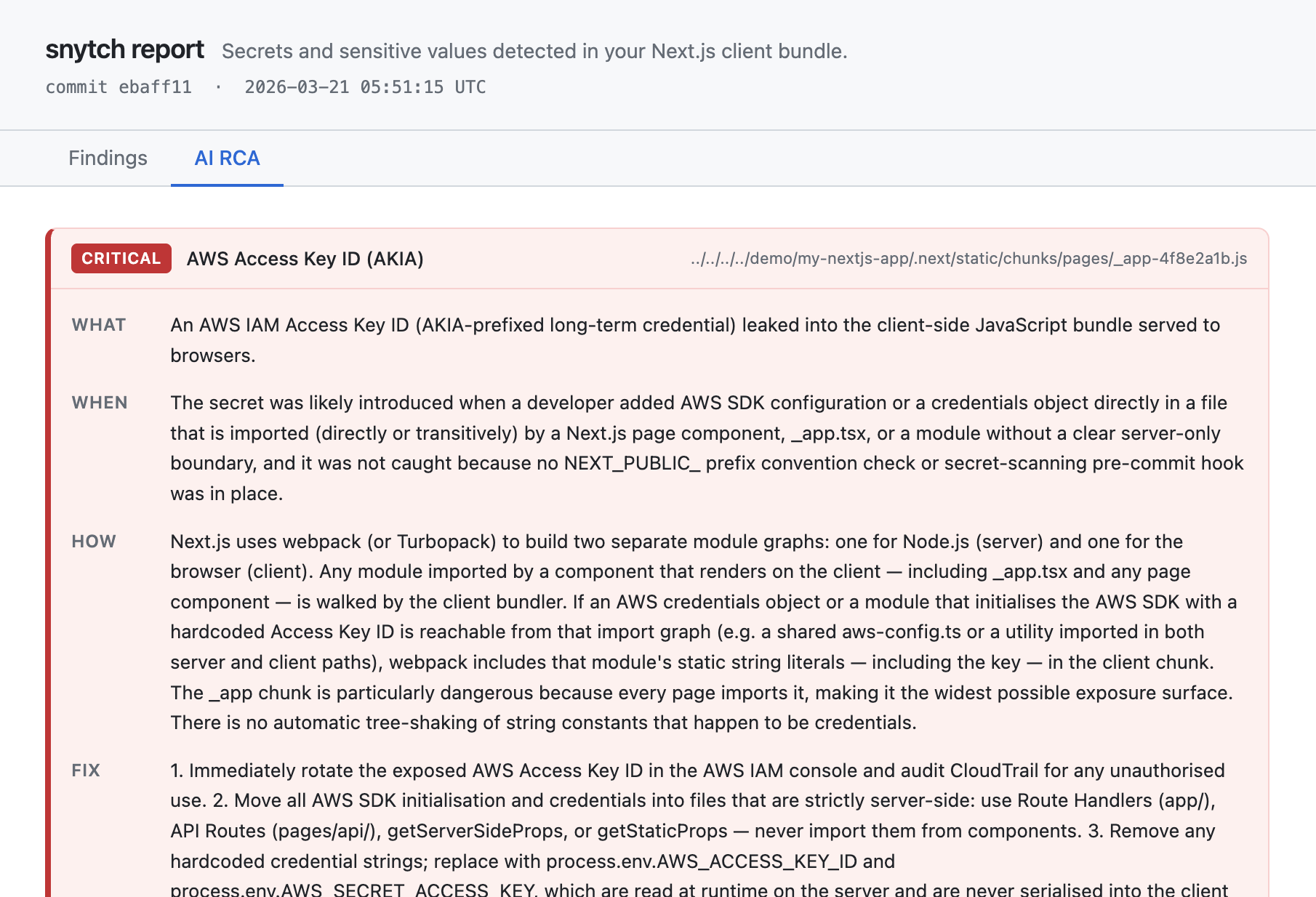 AI RCA 选项卡:Claude 或 GPT-4o 解释泄露了什么、何时引入、如何进入 Bundle 以及如何修复,并附带代码前后对比示例和编辑器提示