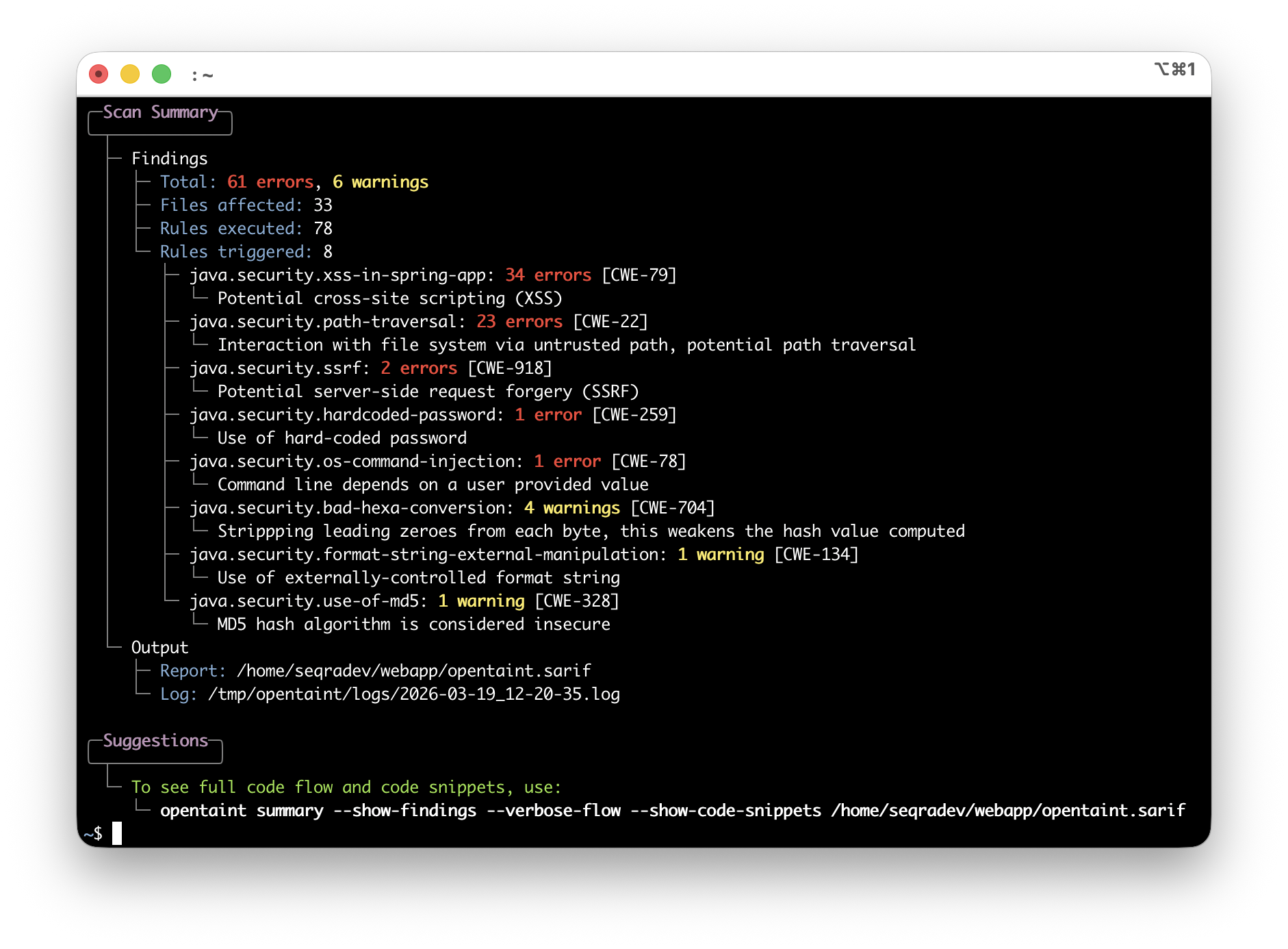 OpenTaint summary output