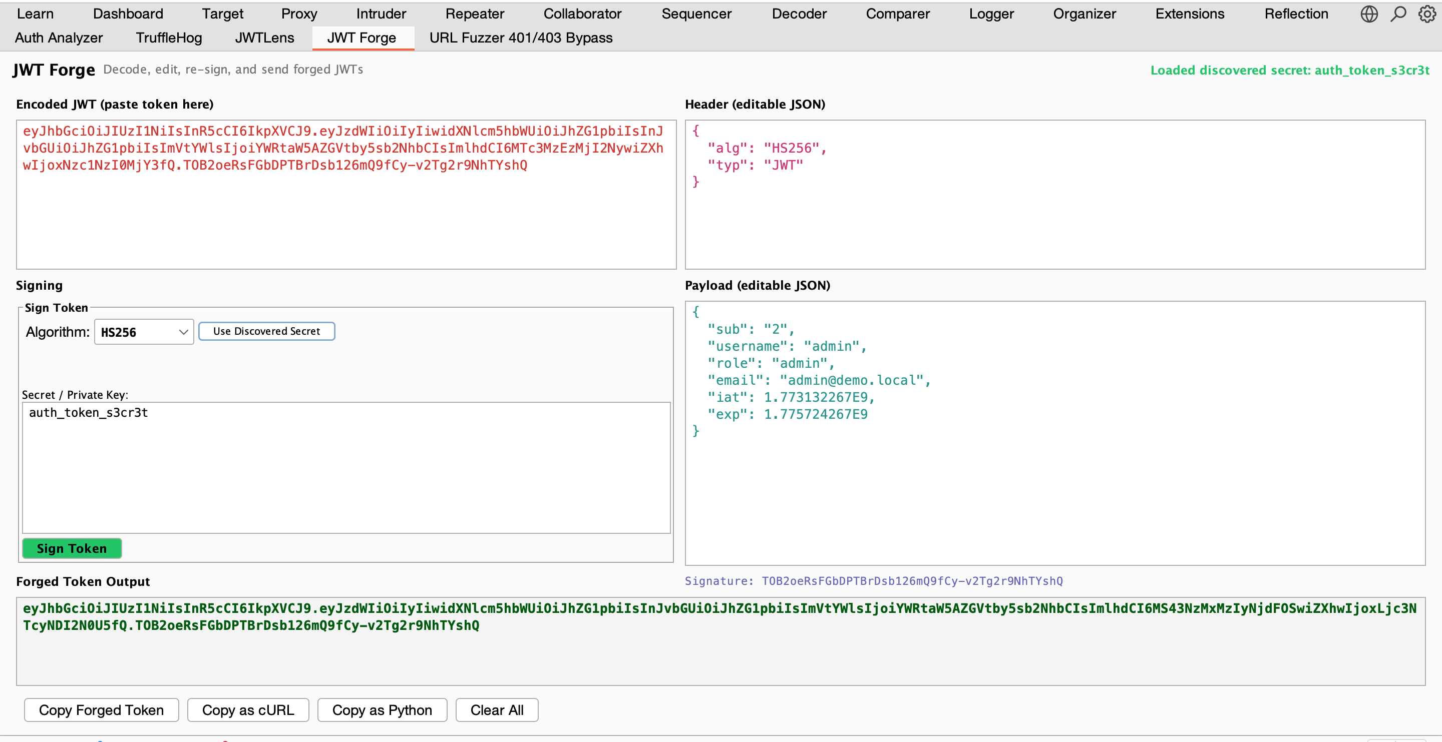 JWT Forge tab — live token editor with discovered secret auto-filled and one-click re-signing