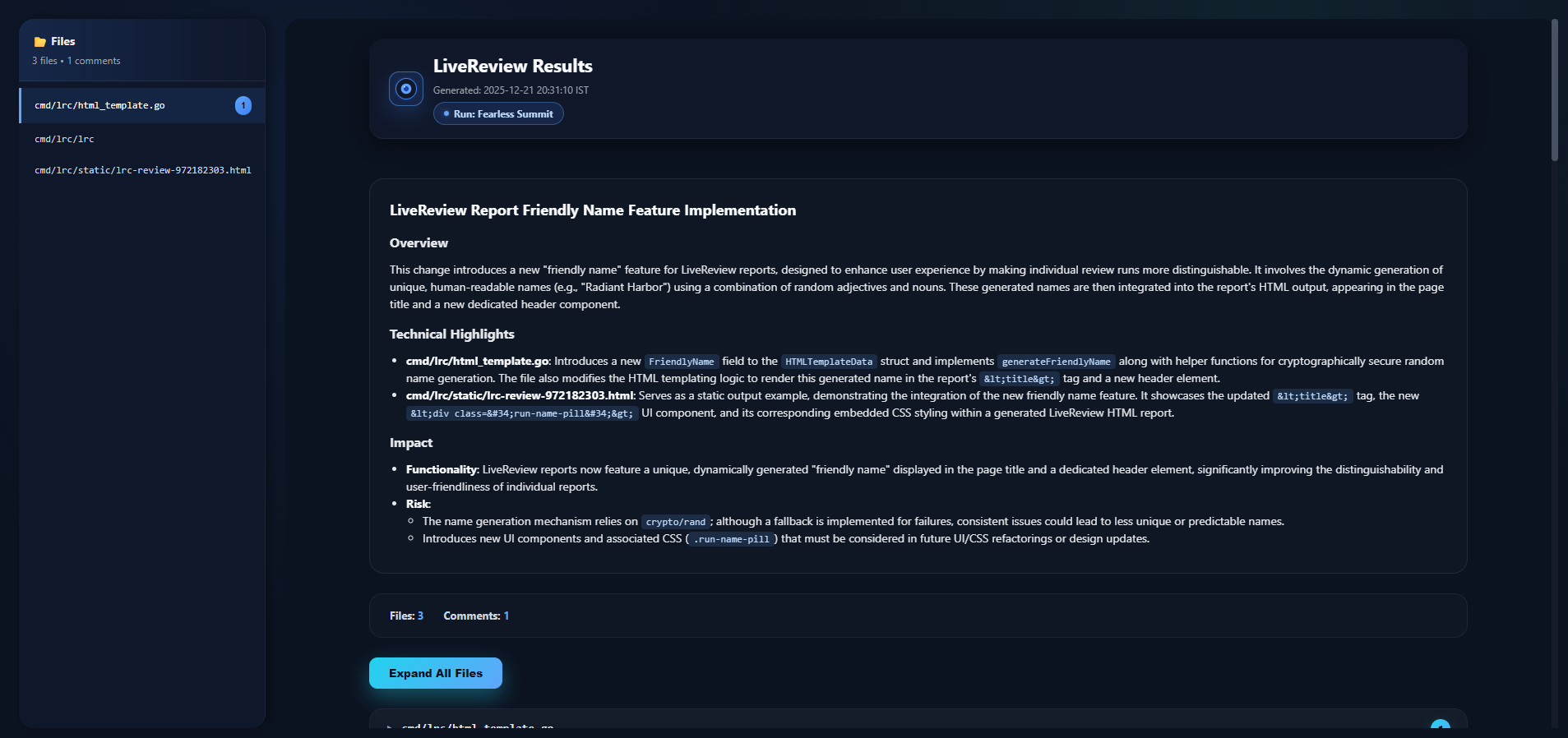 LiveReview CLI showing inline findings