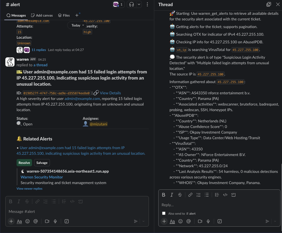 Slack integration with interactive investigation