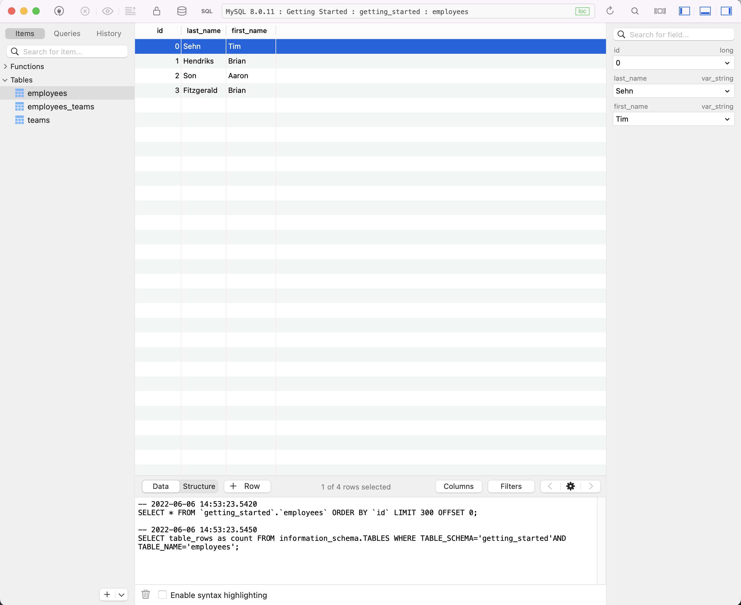 Tableplus Connection./images/getting-started-tp-connect.png)
点击 connect,你将看到一个熟悉的数据库 workbench GUI。
![Tableplus