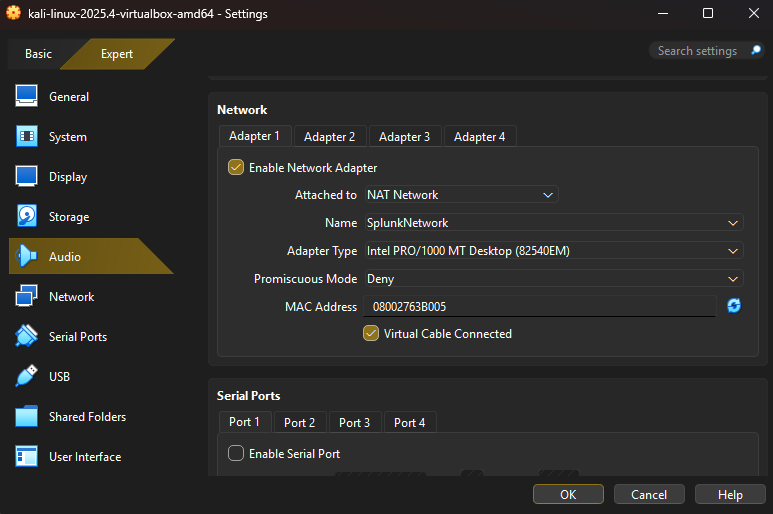 Enable NAT Network for Kali Linux machine
