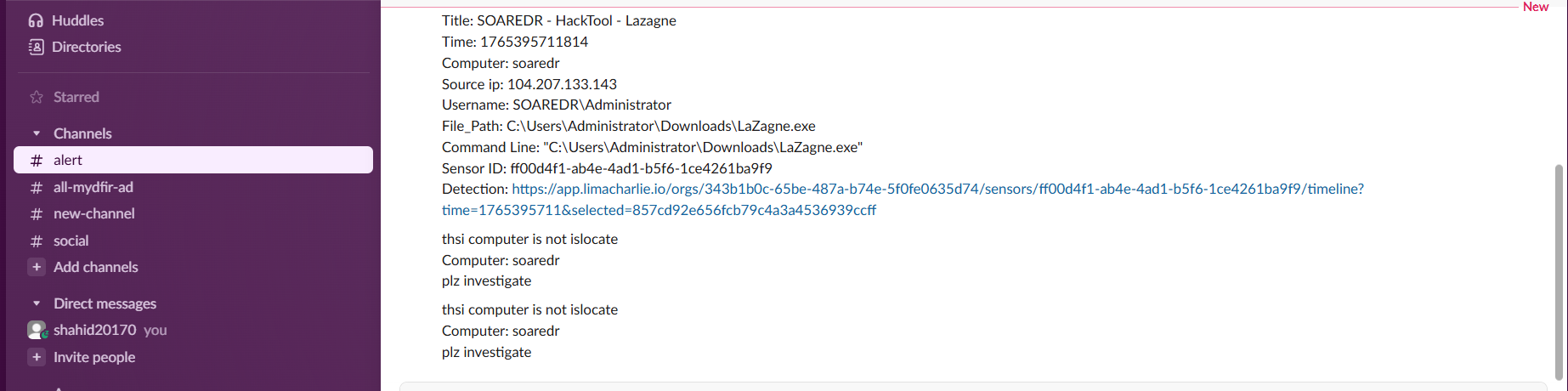 if user input no then message will be go in slack that user is not isolated 