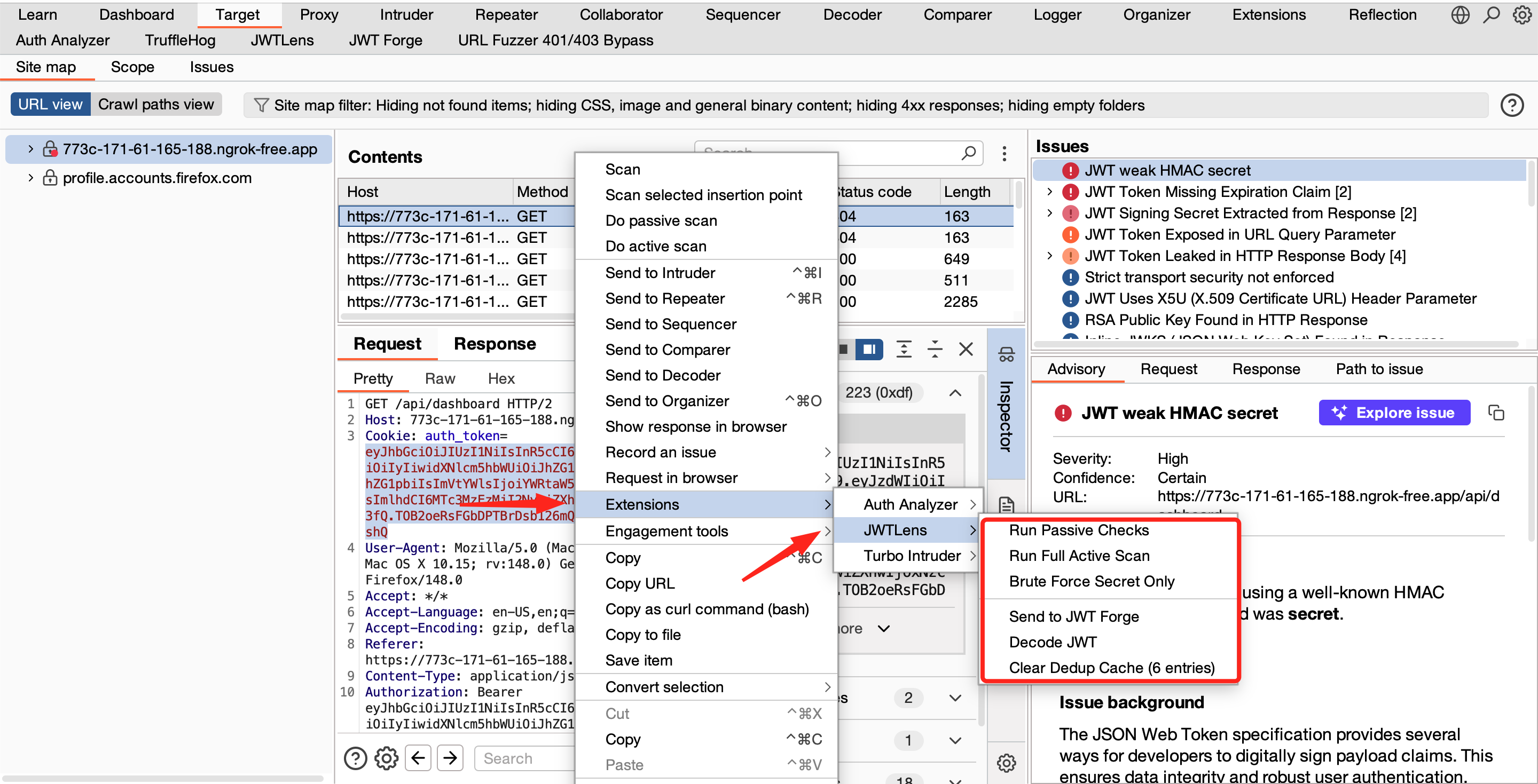 JWTLens context menu — right-click to run checks, brute force, or send to Forge