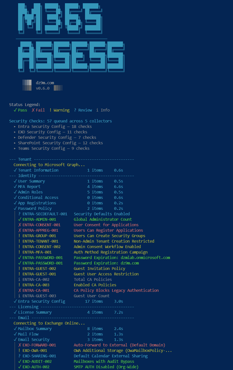 M365 Assess console showing real-time security check progress