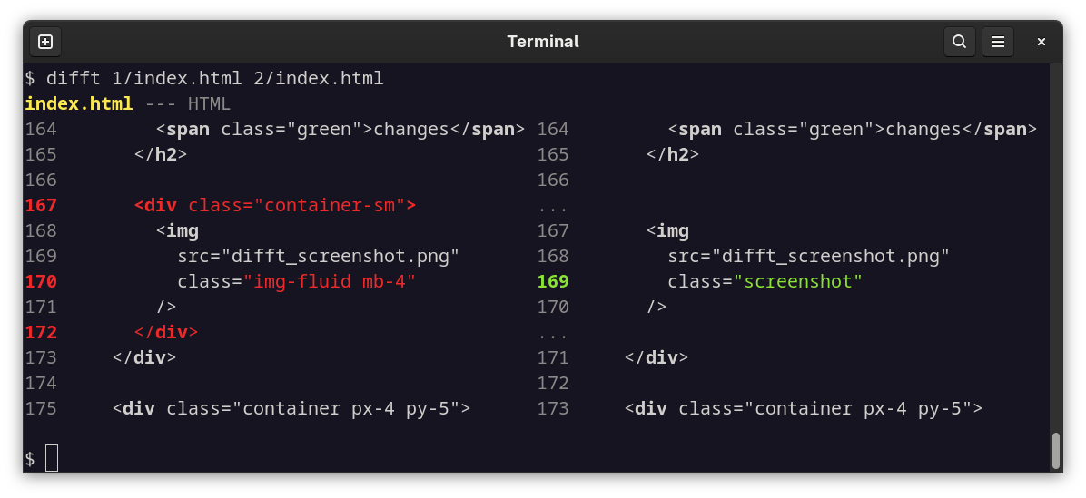 HTML 语言下 Difftastic 的截图