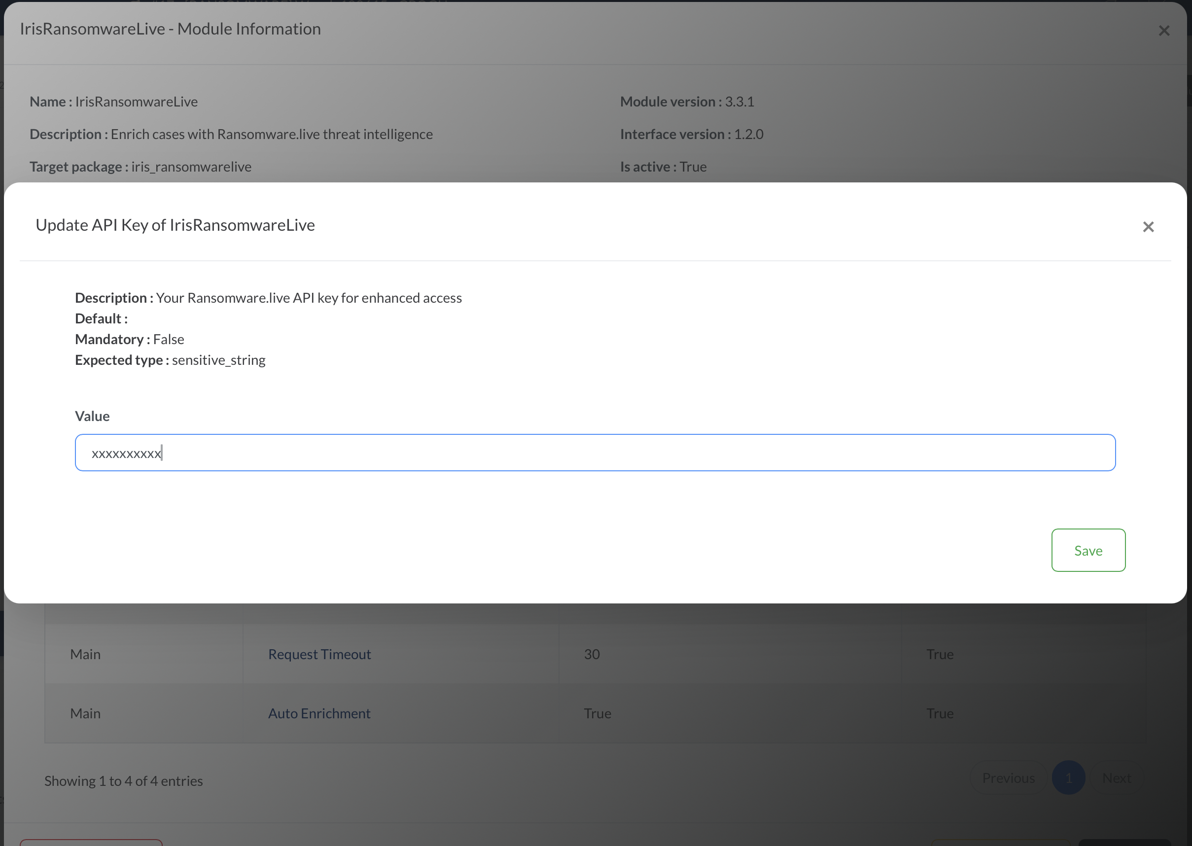 IrisRansomwareLive 的更新 API 密钥对话框,显示一个 sensitive_string 输入字段