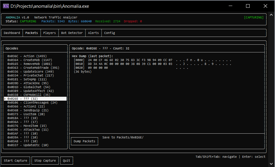Packets — hex dump