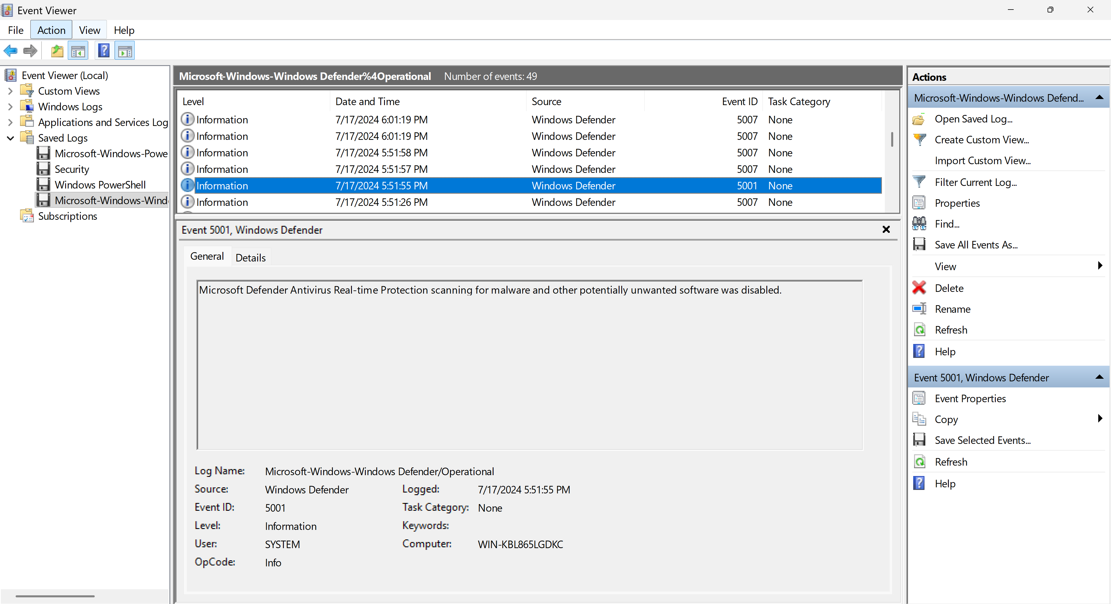 事件 5001:Windows Defender 已禁用