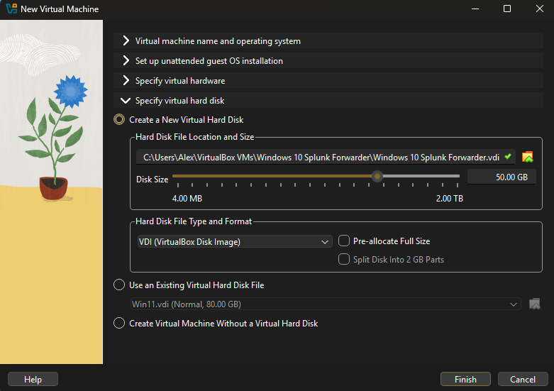 VM virtual hard disk settings