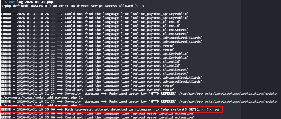 步骤 1c - 显示注入的 PHP payload 的日志文件