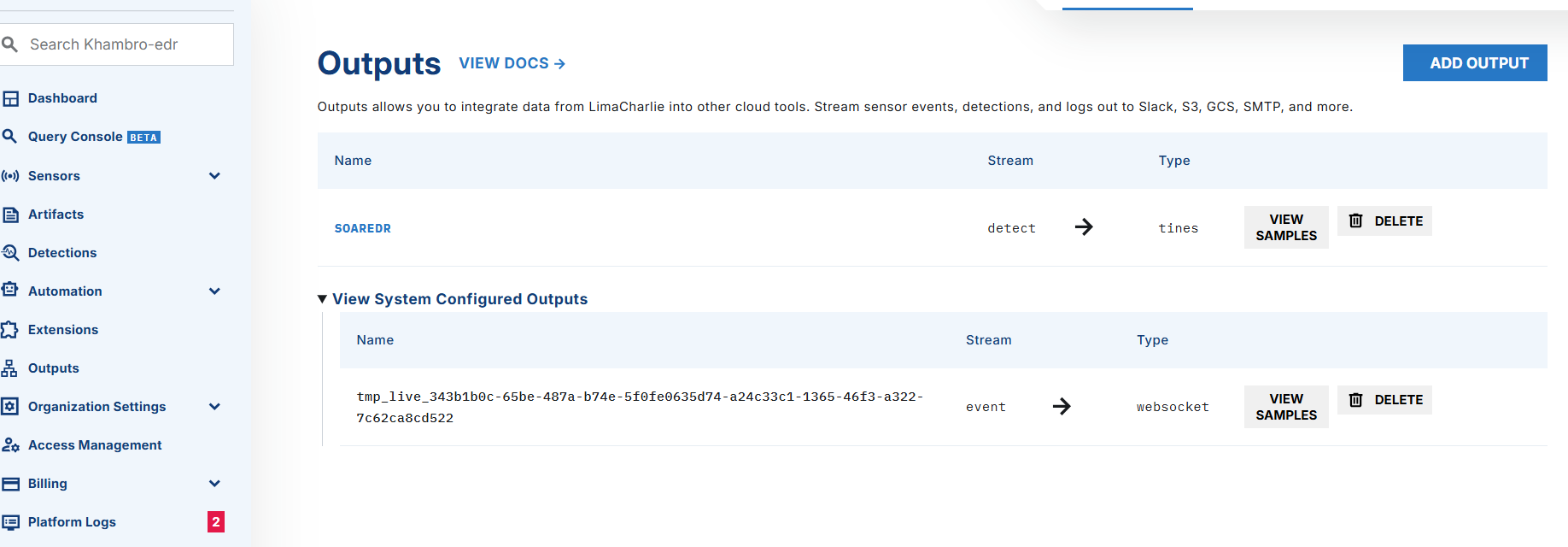 sample output connect with limacharlie to  tine