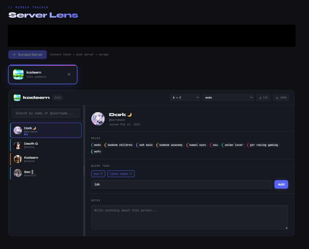 Server Lens — member list with roles, quirk tags, and notes