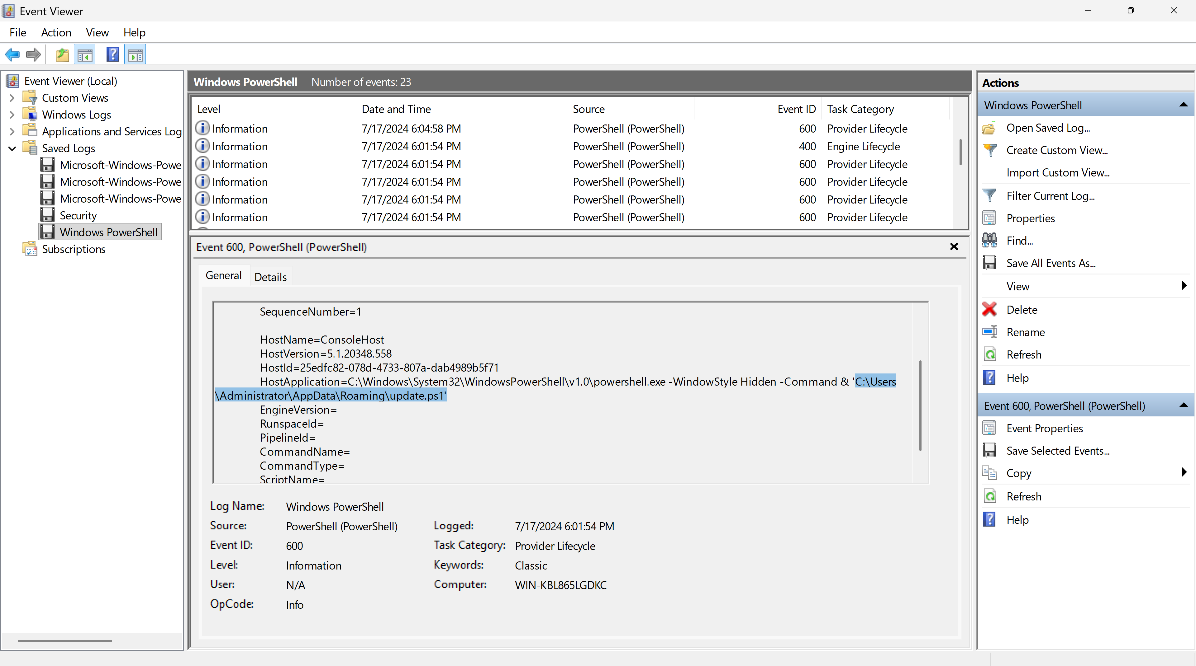 事件 600:恶意 PowerShell 脚本运行