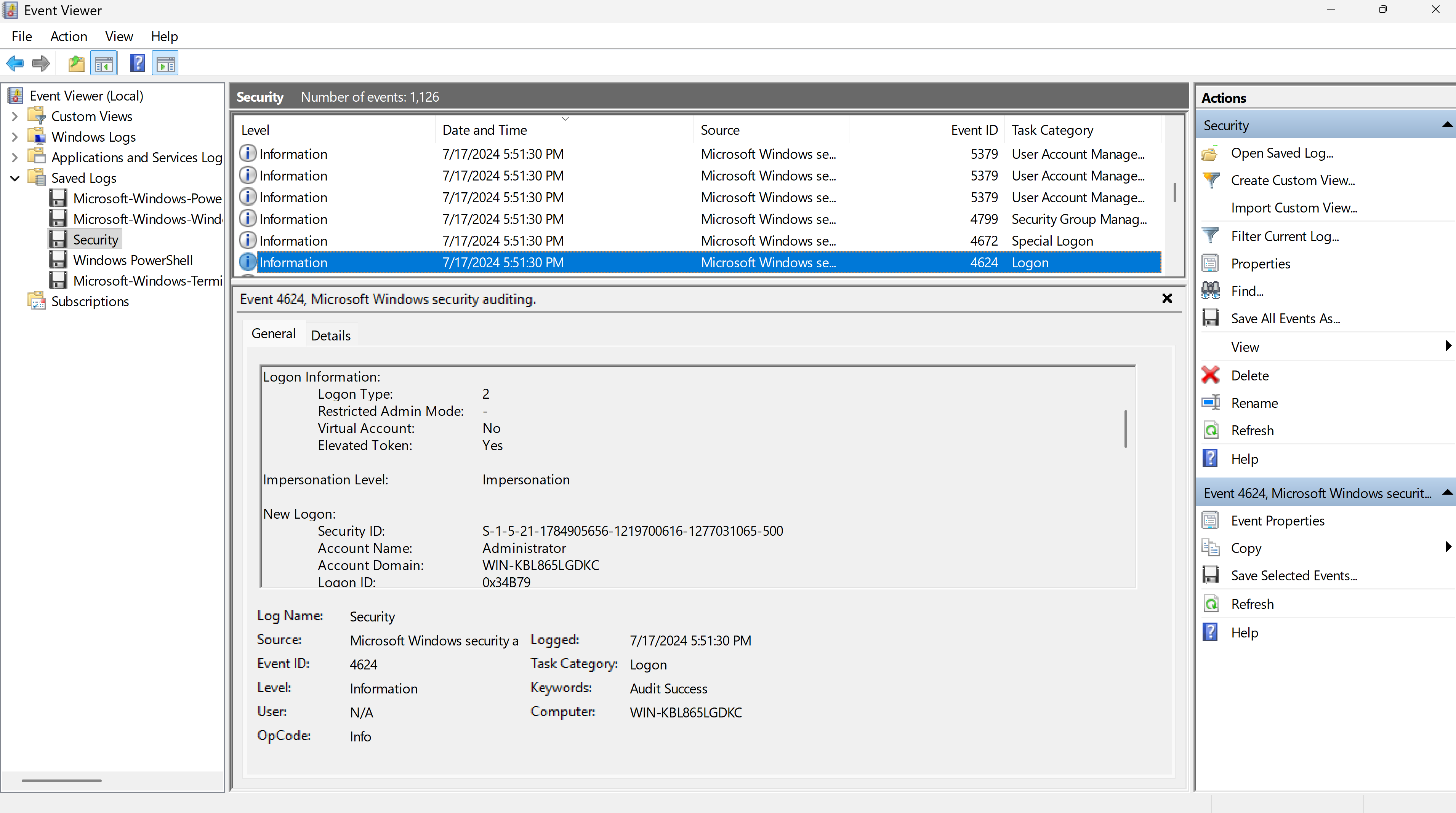 事件 4624:管理员登录
