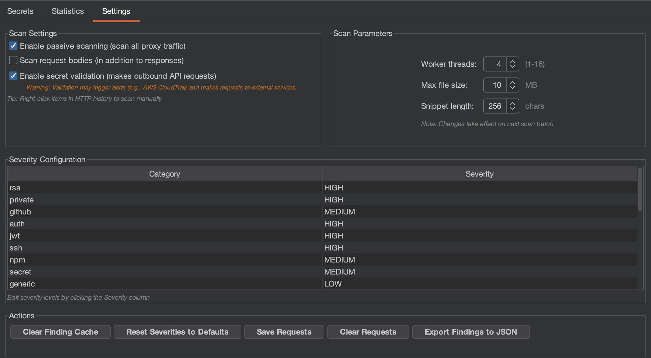 Titus Burp Suite extension settings tab with scan configuration options