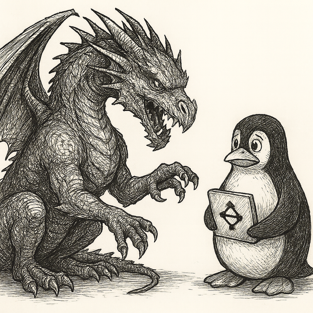 A fierce dragon looking with intent at a Linux penguin holding a binary tree.