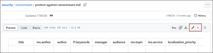 GitHub 文章文件上“编辑此文档”按钮的屏幕截图。