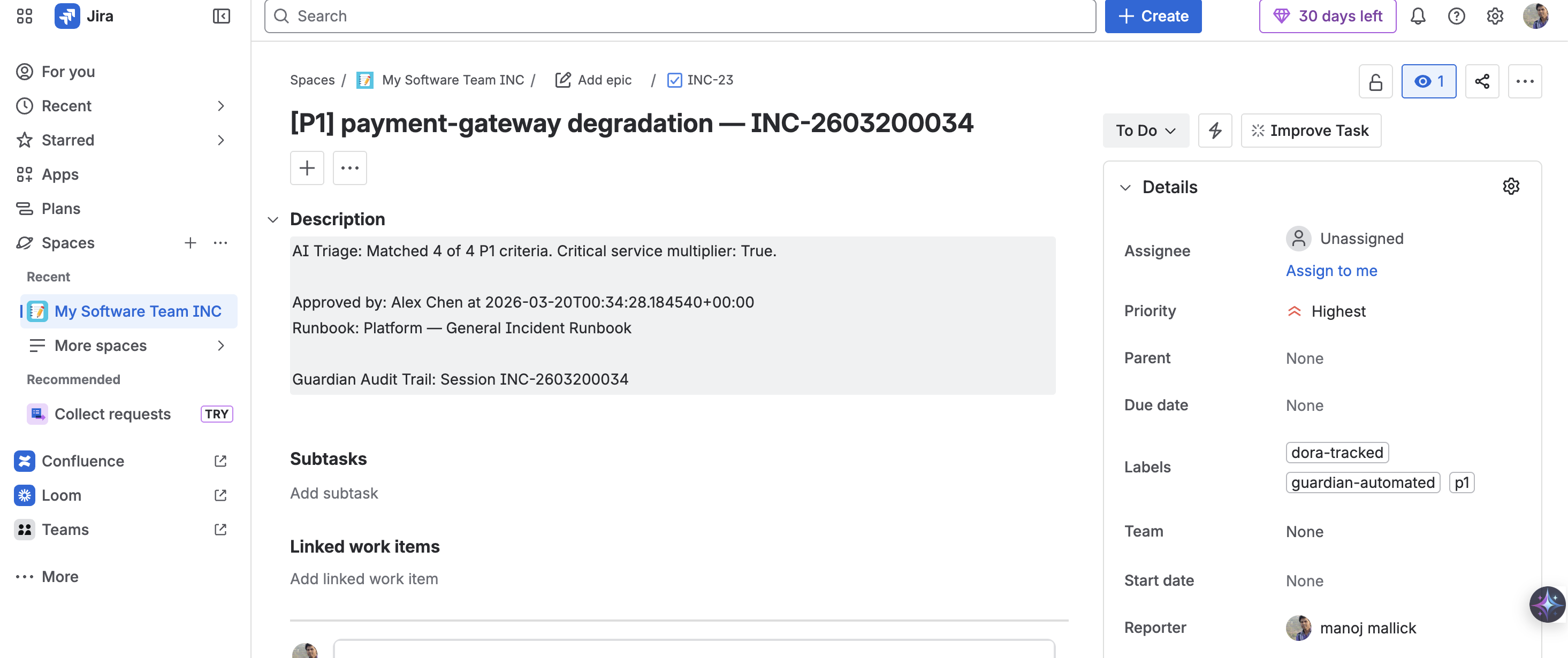 Jira Incident Ticket