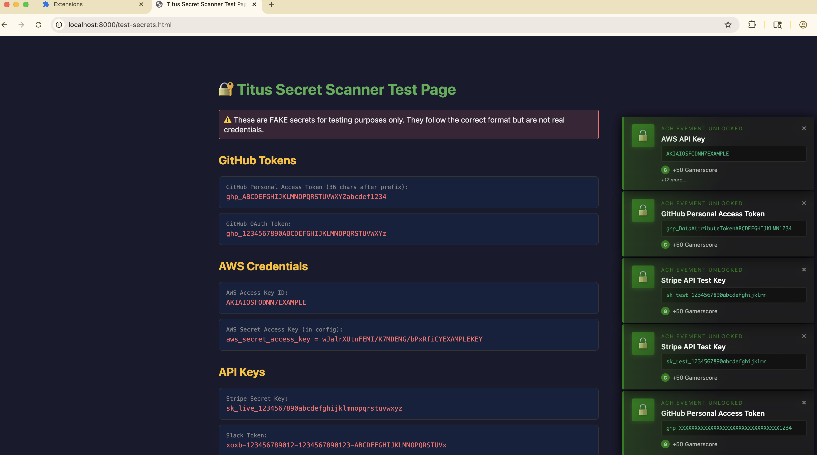 Titus Chrome extension popup showing detected secrets on a web page