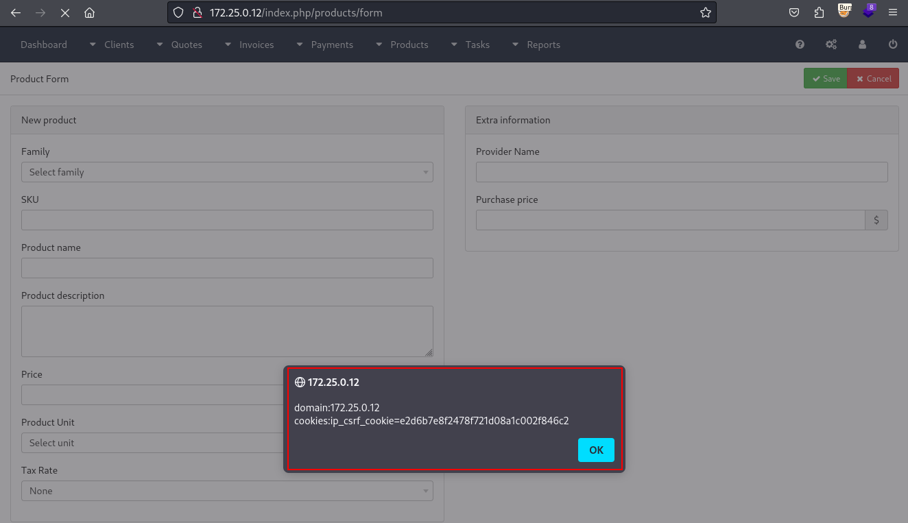步骤 2 - XSS 在产品表单页面执行,泄露域名和 Cookie