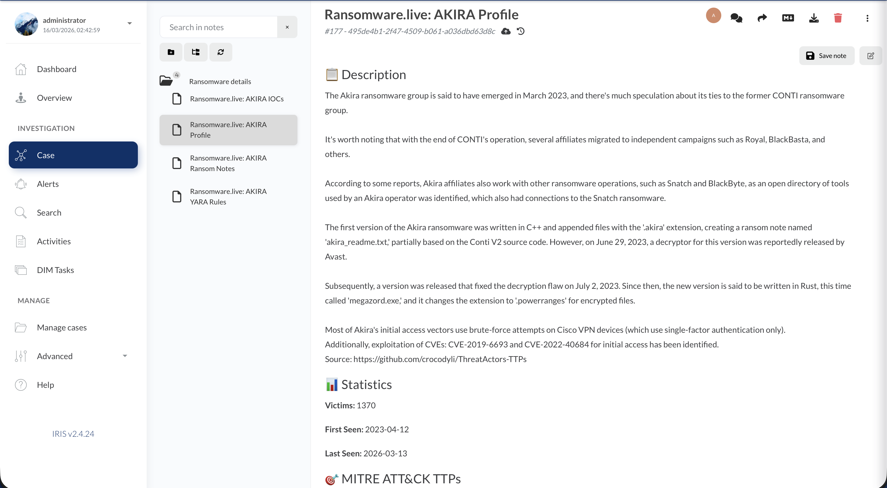 笔记面板显示 Ransomware.live: AKIRA Profile 笔记,包含组织描述、受害者统计数据(1370 名受害者)、首次/最后一次发现日期以及 MITRE ATT&CK TTPs 部分