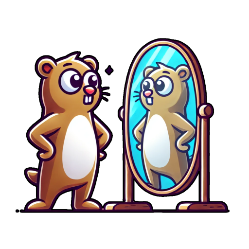 a goopher standing in front of a big mirror