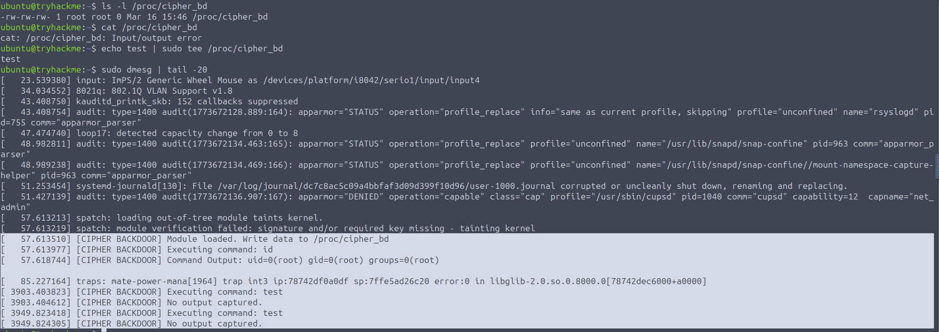 后门 proc 接口和相关 dmesg 输出