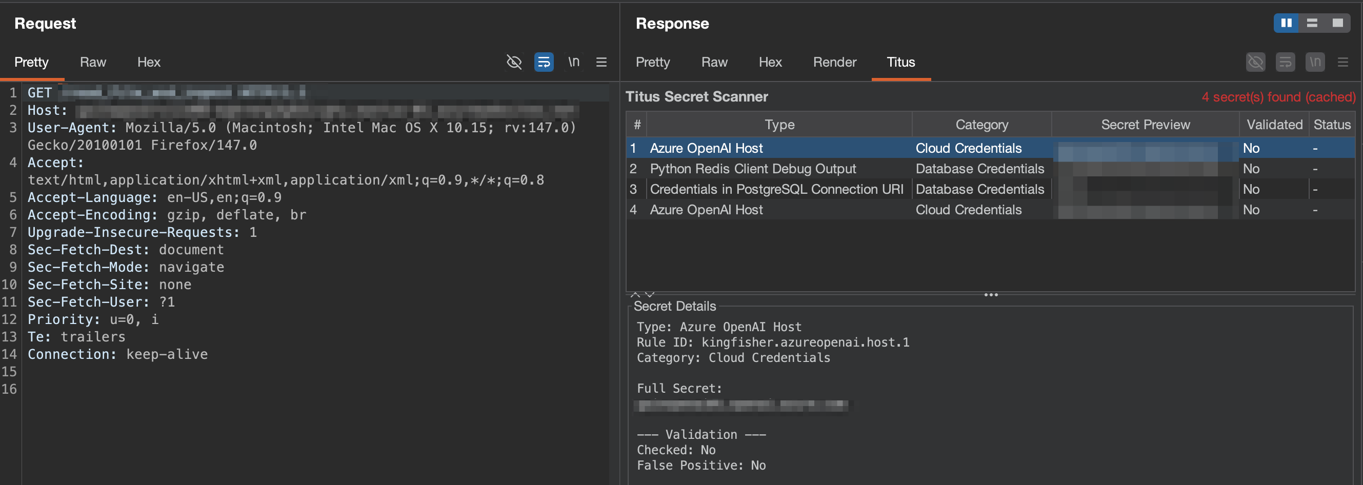 Titus tab in Burp Suite response inspector highlighting detected secrets in HTTP responses