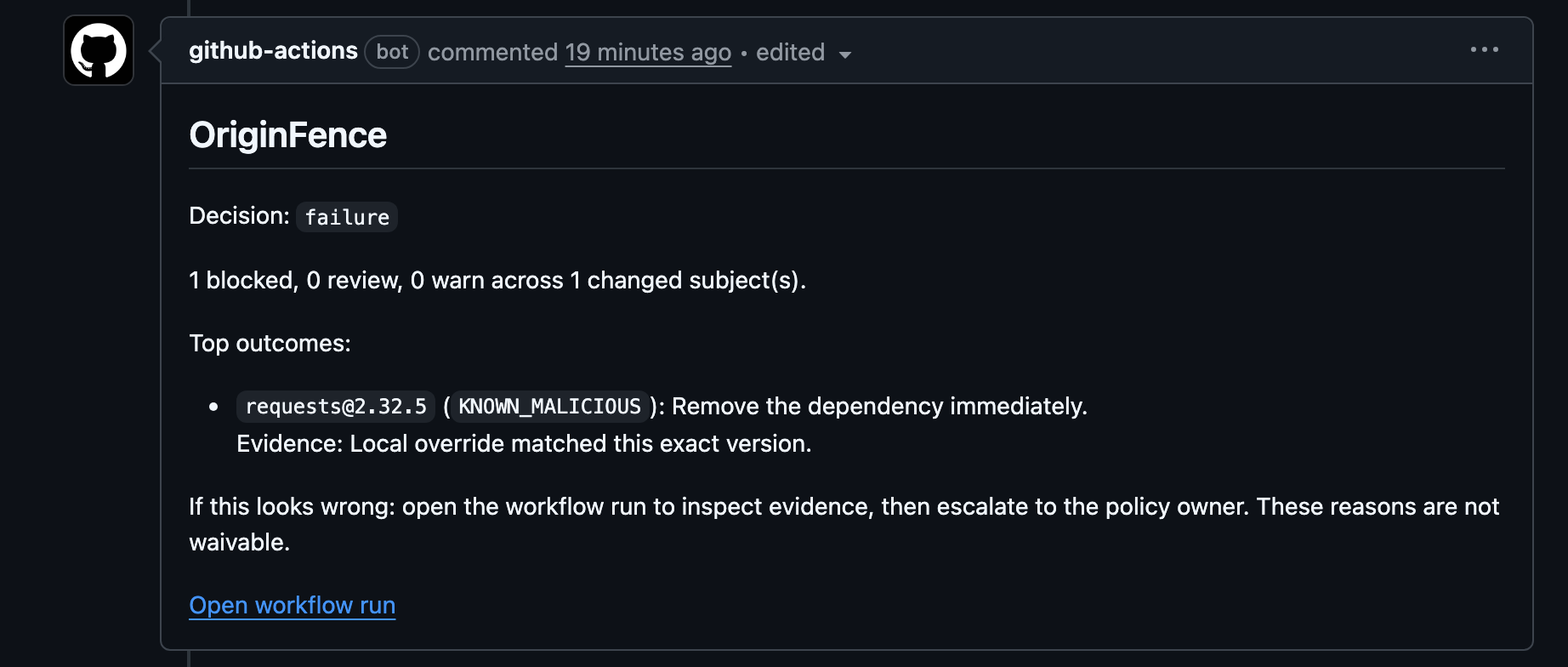 OriginFence malicious package block