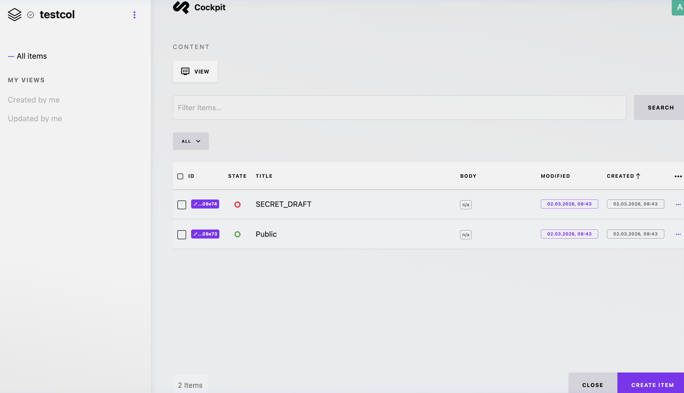 The items list showing one published and one unpublished item