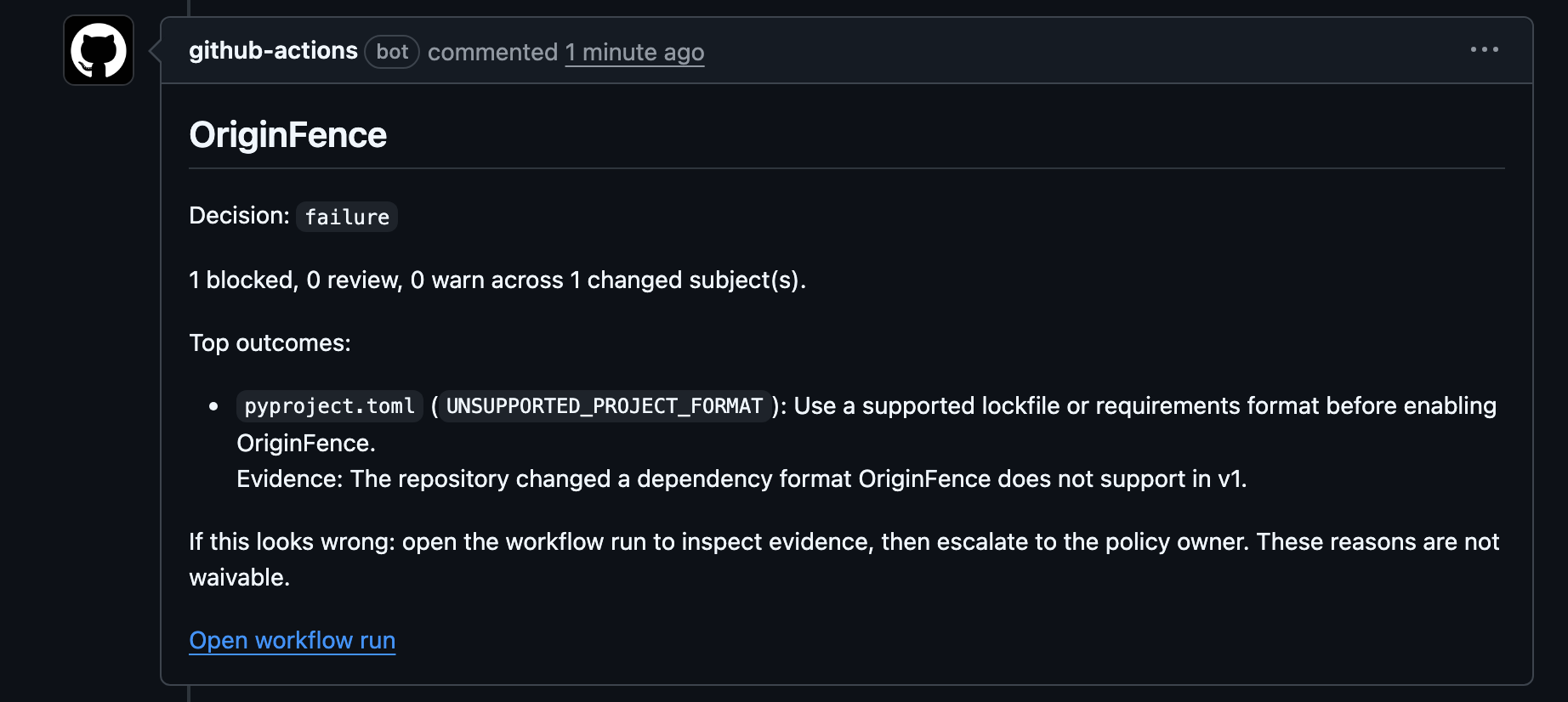 OriginFence unsupported format block