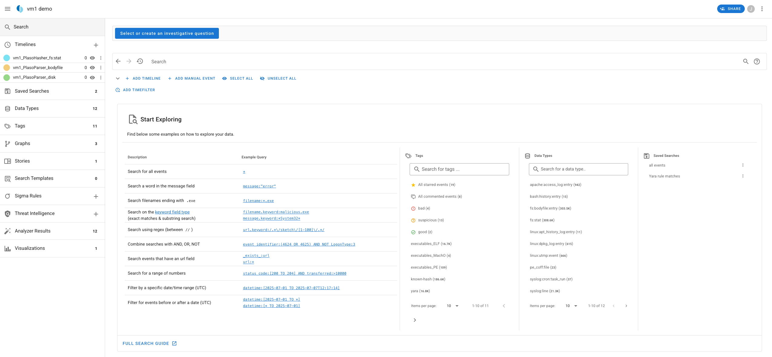 Timesketch Start Exploring Screen