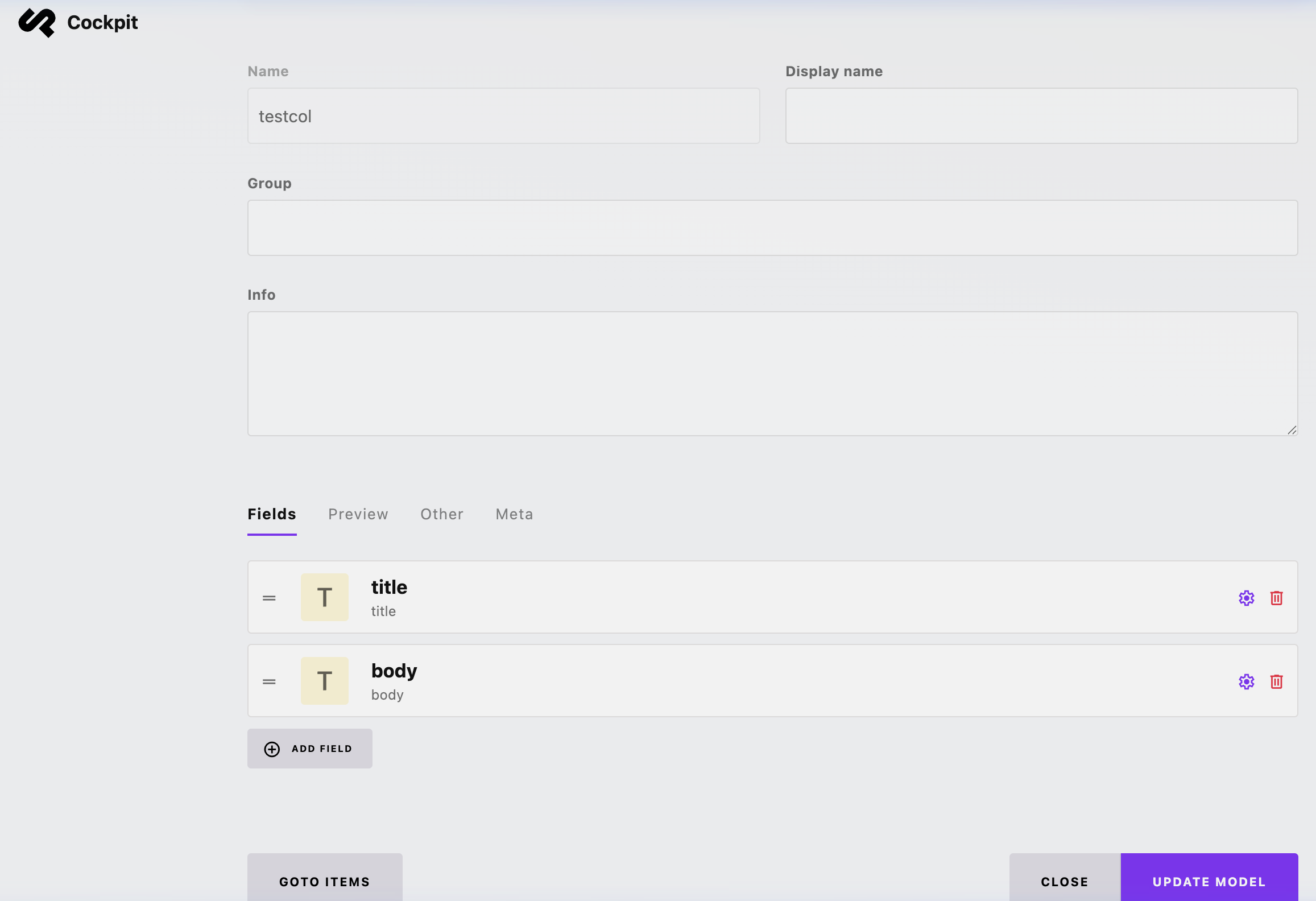 Setting up the testcol content model