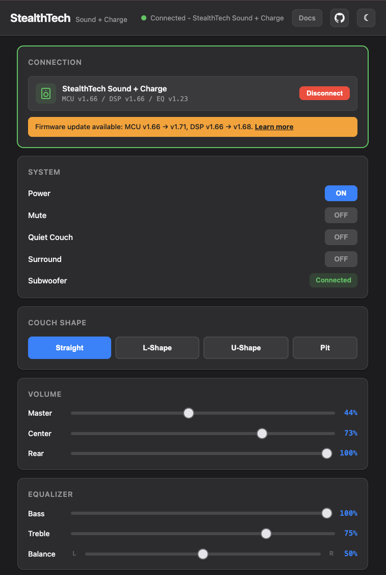 StealthTech Remote web app connected to a Sound + Charge system