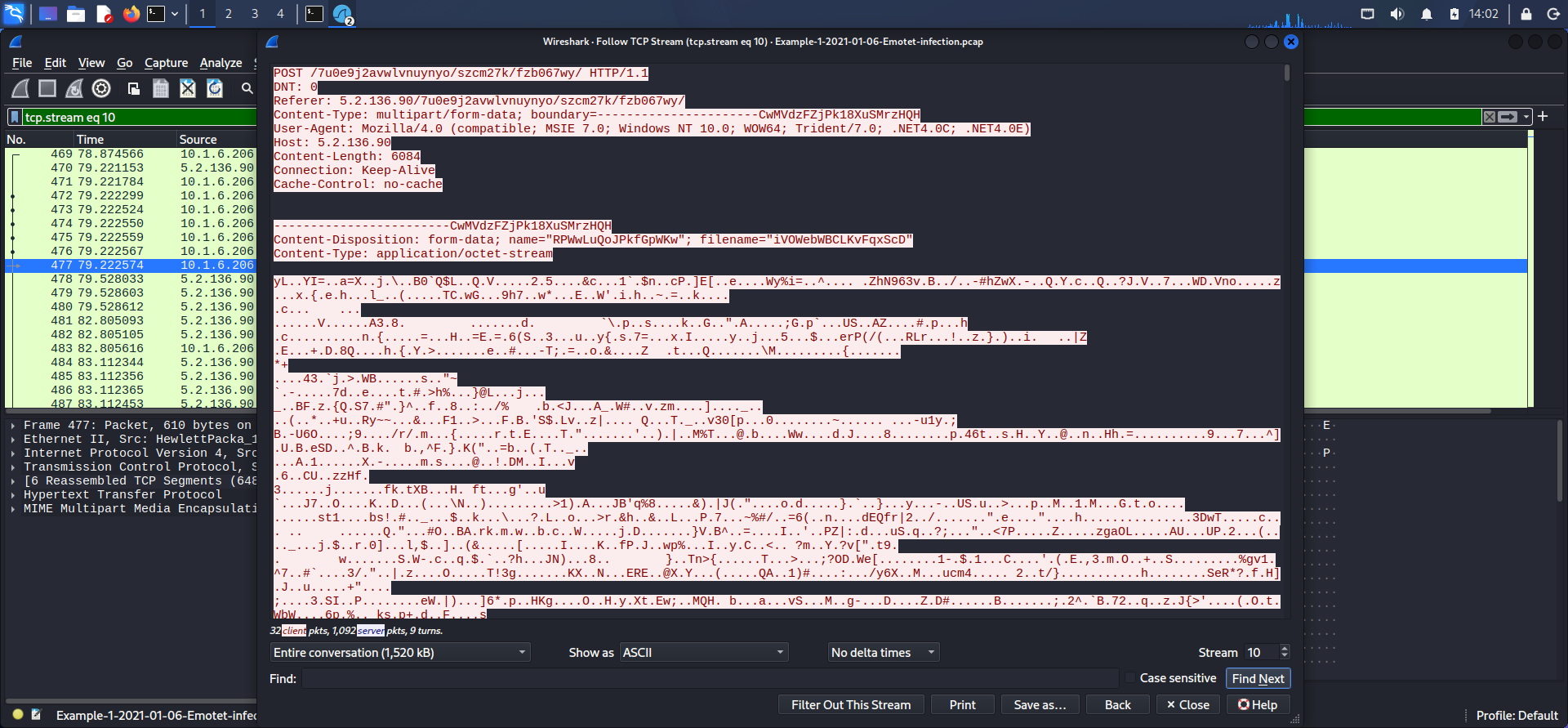 Wireshark TCP 流显示 Emotet 向 C2 服务器 5.2.136.90 发送 HTTP POST
