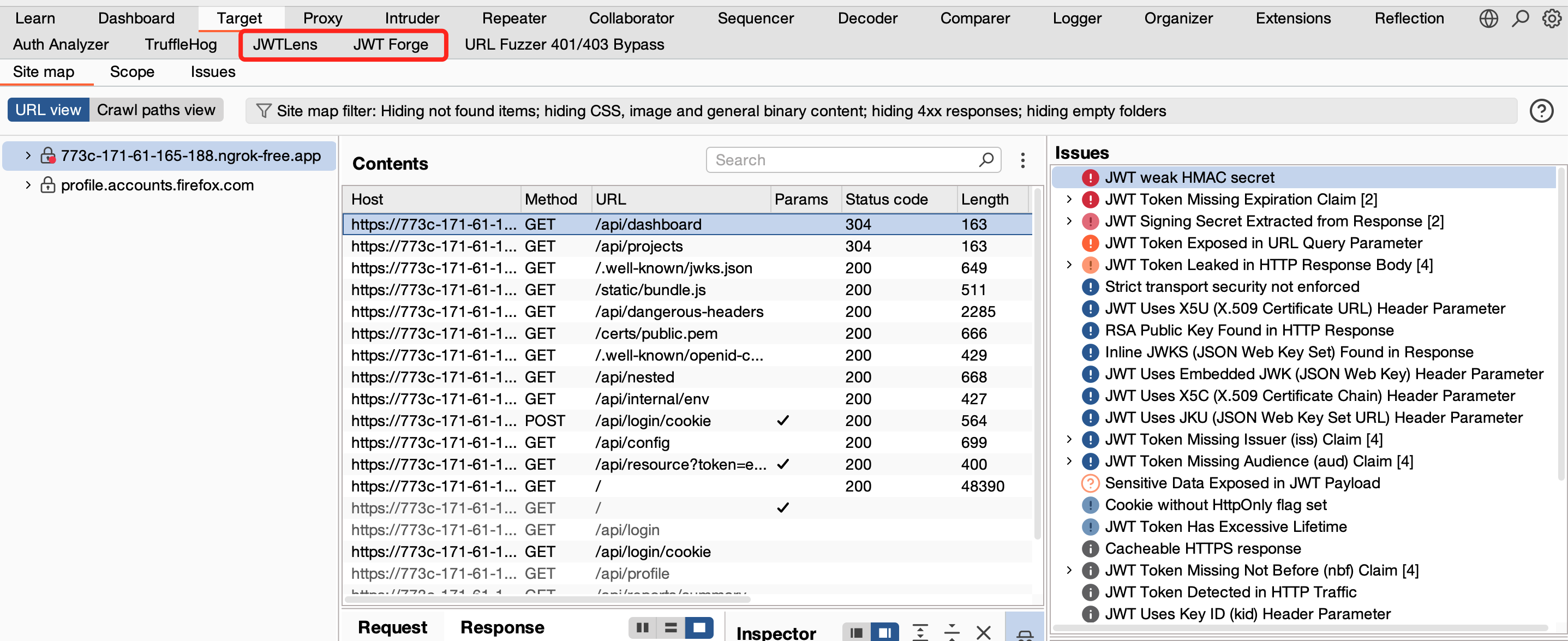 JWTLens — Burp site map with JWT findings