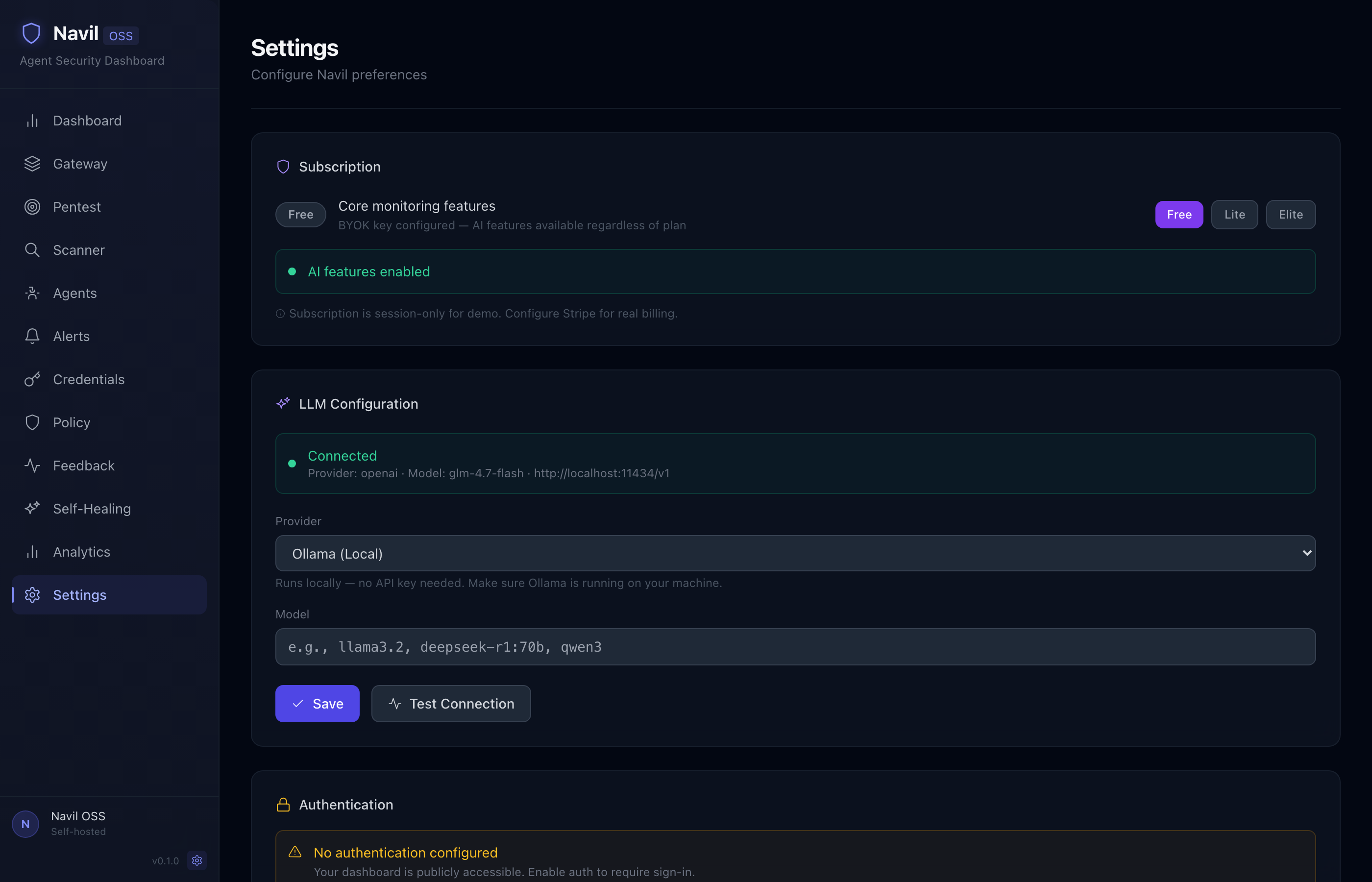 设置 —— 订阅级别、LLM 配置、身份验证