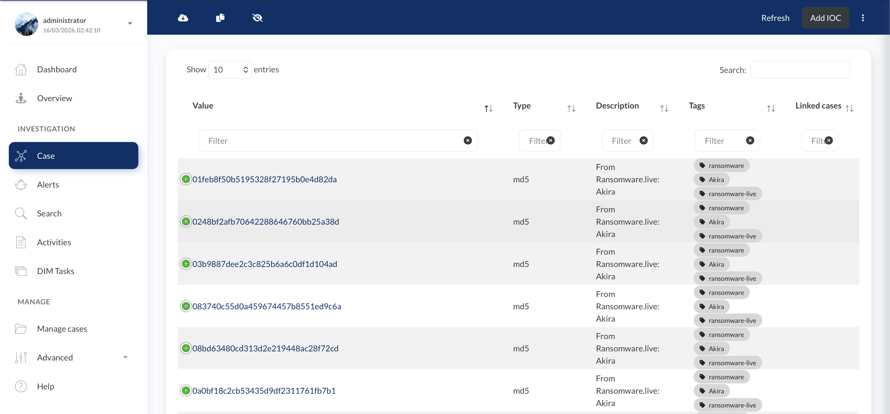 IOC 列表显示来自 Ransomware.live 的多个 Akira MD5 哈希值,每个都标记有 ransomware、Akira 和 ransomware-live
