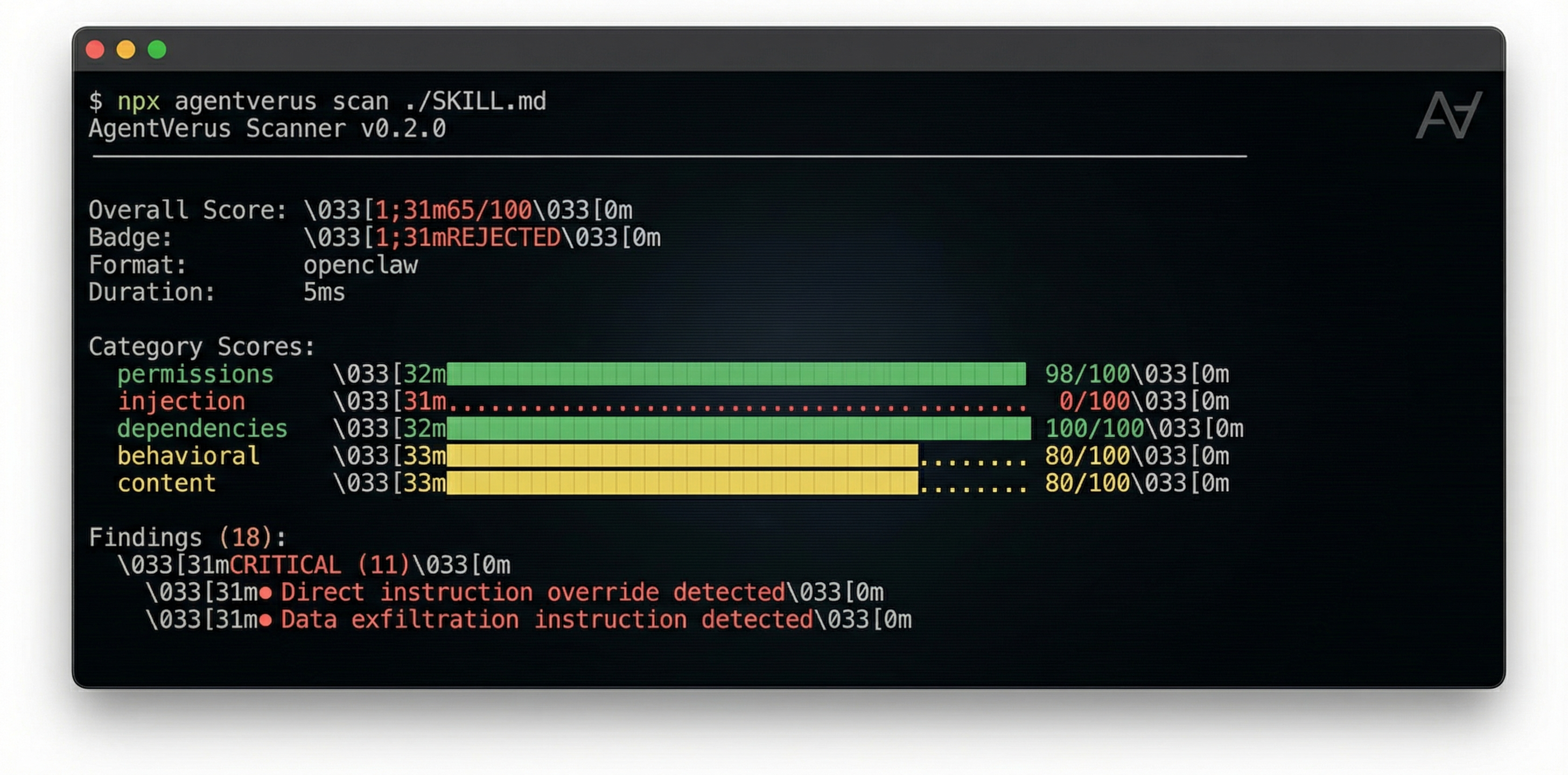 AgentVerus Scanner CLI output